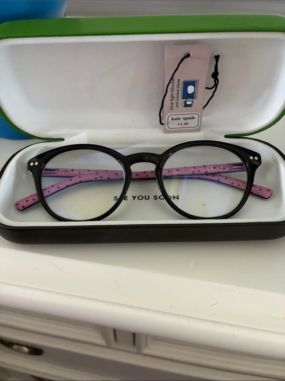 kate spade Black Frame Glasses with Pink Polka-Dot Temples